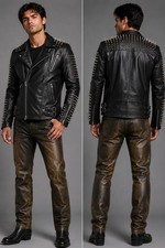 Vintage Black Leather Motorcycle Biker Jacket with Asymmetrical Zip and Belted Waist