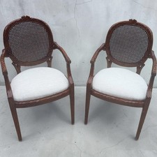 Pair of Vintage French Louis XV Style Fauteuil Armchairs with Cane Backs and Tufted Upholstery — listing 2