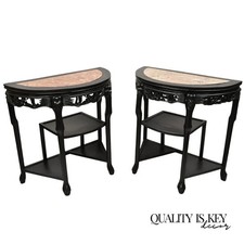 Demilune Console Table and Round Side Table Set, Marble Top with Wrought Iron Leaf Scroll Base — listing 5