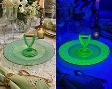 Green Uranium Depression Glass Center-Handle Serving Platter with Sunflower Floral Pattern, 11 inches — listing 2