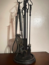Vintage Cast Iron & Brass Fireplace Tool Set with Flame Finials on Stand — listing 5