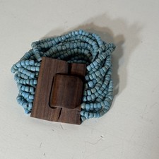 Multi-Strand Turquoise Blue Seed Bead Stretch Cuff Bracelet with Wooden Toggle Clasp — listing 5