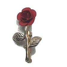 Pair of Vintage Red Plastic Rose Flower Brooches with Green Stems — listing 5
