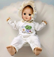 Large Vintage Blonde Baby Doll in Blue Polka-Dot Sleeper with Yellow Booties — listing 4