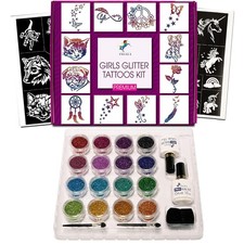 Glitter Tattoo Kit for Face, Body & Nail - 24 Glitter Colors, Stencils, Brushes & Glue Set