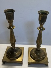 Pair of Vintage Solid Brass Turned Candlesticks with Faceted Knop and Square Stepped Bases — listing 2
