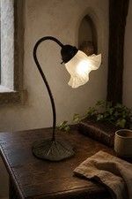 Three-Light Tulip Lily Table Lamp with Murano-Style Art Glass Shades and Figural Butterfly Bronze-Tone Base — listing 6