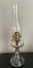 Antique Pressed Glass Pedestal Oil Lamp with Beaded Chimney and Scroll Base — listing 4