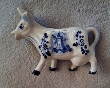 Delft-Style Blue and White Ceramic Cow Creamer with Windmill Scene — listing 5