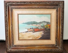 Framed Mediterranean Coastal Village Print (Portofino/Amalfi Style), Cherry Wood Frame with Teal Mat