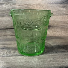 Vintage Green Uranium Glass Covered Ice Bucket with Metal Bail Handle, Ribbed Base, circa 1930s Depression Era, 6 inches tall — listing 2