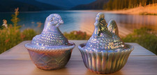 Iridescent Carnival Glass Hen on Nest Covered Dish