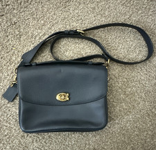 Navy Blue Pebbled Leather Crossbody Bucket Bag with Ring Buckle Accent — listing 6