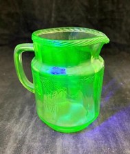 Vintage Green Uranium Glass Pressed Pitcher with Floral and Diamond Pattern, 8 inches — listing 3