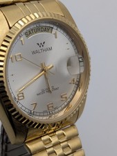 Vintage 1970s Waltham 17 Jewels Incabloc Day-Date Men's Watch, Swiss Made, Cushion Case with Speidel Expansion Band
