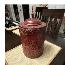Set of 3 Decorative Embossed Metal Lidded Canisters with Footed Bases and Finial Lids