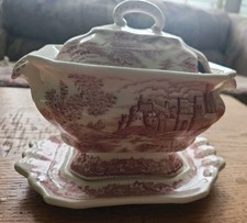 Red/Pink Transferware Covered Vegetable Tureen with Castle Ruins Scene — listing 6
