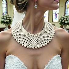 Vintage Faux Pearl Beaded Detachable Collar with Gold Metallic Lace Trim