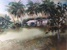 Large Framed Tropical Palm Tree Landscape Art Print, Ornate Silver-Gilt Frame, Double Matted Under Glass — listing 6