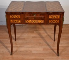 Antique 1920s-1930s Depression-Era Walnut Vanity Dressing Table with Trifold Etched Mirror — listing 5