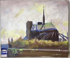 Vintage Notre Dame Cathedral Paris Seine Oil Painting on Canvas, Signed, Framed — listing 5
