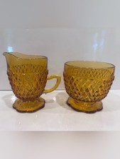 Vintage Amber Pressed Glass Dish Lot (4 Pieces) - Square Nappy, Footed Bowl, Divided Relish, Daisy Button Bowl Single piece