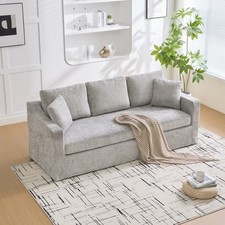 Beige Chenille Upholstered Three-Seat Sofa with Accent Pillows — listing 2