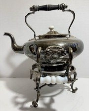 Pair of Silver Plate Tilting Tea/Coffee Kettles on Warming Stands with Rococo Scrollwork — listing 6