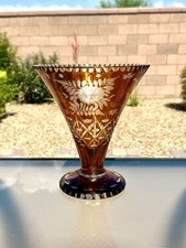 Pair of Bohemian Amber Cut-to-Clear Engraved Glass Trumpet Vases, Floral Motif, 9.5" Tall — listing 3