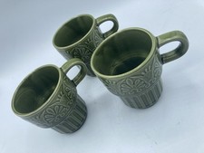 Set of 8 Mid-Century Avocado Green Ceramic Coffee Mugs with White Interior — listing 3