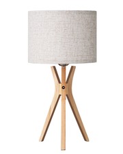 Mid-Century Modern Style Tripod Table Lamp with Turned Wood & Frosted Glass Stem and Green Spiral Fabric Shade — listing 6