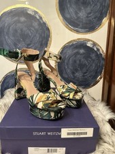 Stuart Weitzman T-Strap Platform Heels, Tweed & Black Leather, Size 10 — listing 3