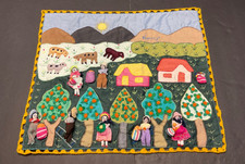 Peruvian Folk Art Arpillera Textile Wall Hanging with Framed 3D Applique Village Scene — listing 3