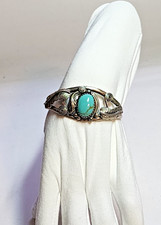 Southwest Style Sterling Silver Feather Cuff Bracelet with Turquoise Cabochon