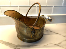 Antique Brass Coal Scuttle Hod with Delft-Style Blue & White Ceramic Handles — listing 3