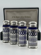 F.B. Rogers Silverplate Cobalt Glass Salt & Pepper Shaker Pair, Pierced Filigree Cases, listing 3