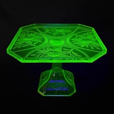 Green Uranium Glass 10-inch Footed Cake Plate with Sunflower/Daisy Etched Pattern — listing 3