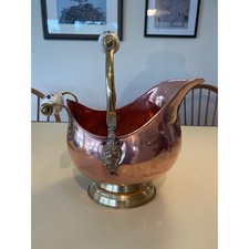 Antique Brass Coal Scuttle Hod with Delft-Style Blue & White Ceramic Handles — listing 2