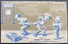 Antique Victorian Comic Trade Card - Boy Pushing Stubborn Donkey There's handwriting or a poem