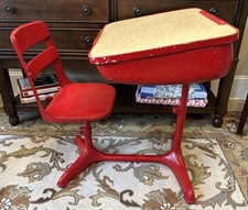 Vintage "Silent Giant" Cast Iron & Wood Folding School Desk with Painted Floral Stenciling — listing 2
