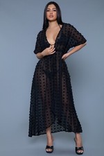 Be Wicked Black Sheer Knit Long-Sleeve Wrap-Tie Cover-Up Dress