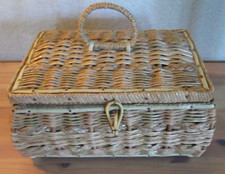 Antique Woven Wicker Sewing Basket with Padded Silk Lid and Hinged Compartment — listing 6