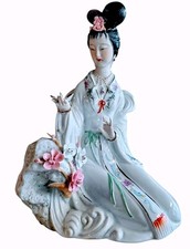 Asian-Themed Porcelain Collector Doll in Blue Brocade Kimono with Pillow — listing 3