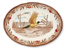 Antique Porcelain Game Bird Platter with Hand-Colored Pheasant Transfer, Embossed Scroll Rim, Gilt Trim — listing 2