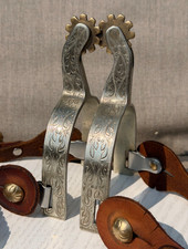 Pair of Vintage Hand-Engraved Western Riding Spurs with Silver-Toned Bands and Rowels — listing 6
