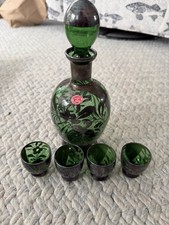 Vintage Emerald Green Diamond-Point Glass Liquor Decanter with Leather Neck Collar — listing 5