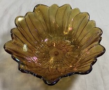 Vintage Marigold Carnival Glass Sunflower Pattern Ruffled Bowl 6"