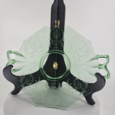 Vintage Green Uranium Depression Glass Two-Handled Serving Plate, Octagonal Hobnail/Thumbprint Pattern, 6.5 inches — listing 3