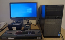 Complete Desktop Computer Workstation Setup with Widescreen Monitor, Tower PC, UPS, Keyboard, and Gaming Headset on Wood Computer Desk — listing 5