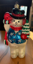 Blown Glass Snowman in Harlequin Stocking Christmas Ornament
